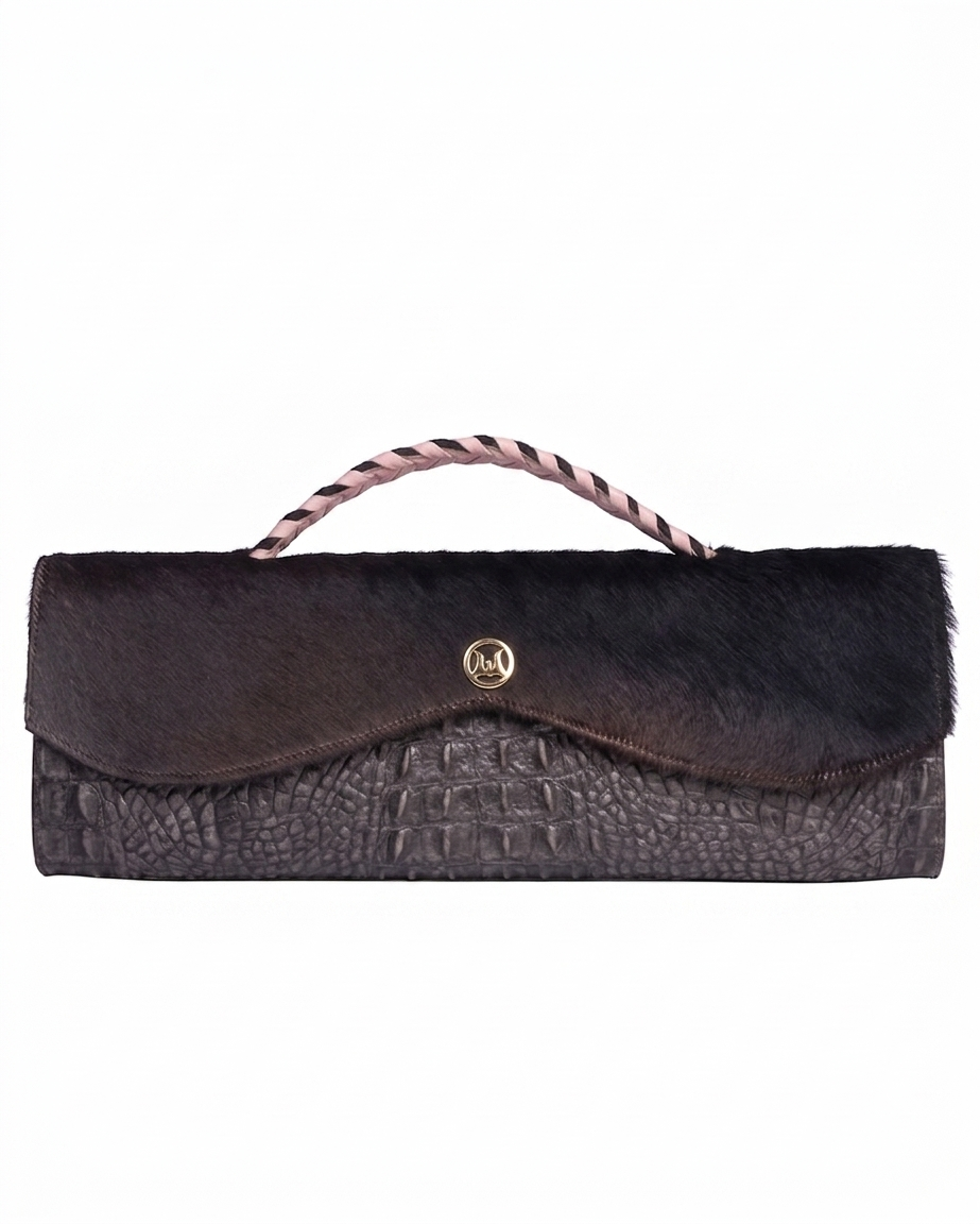 Mykonos Maxi: Black Details Crocodile Print and Dark Brown Fur