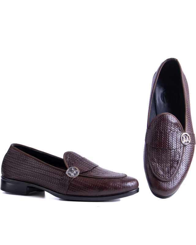 Belgian Loafers: Brown Basket Woven Leather Print with Curved Strap