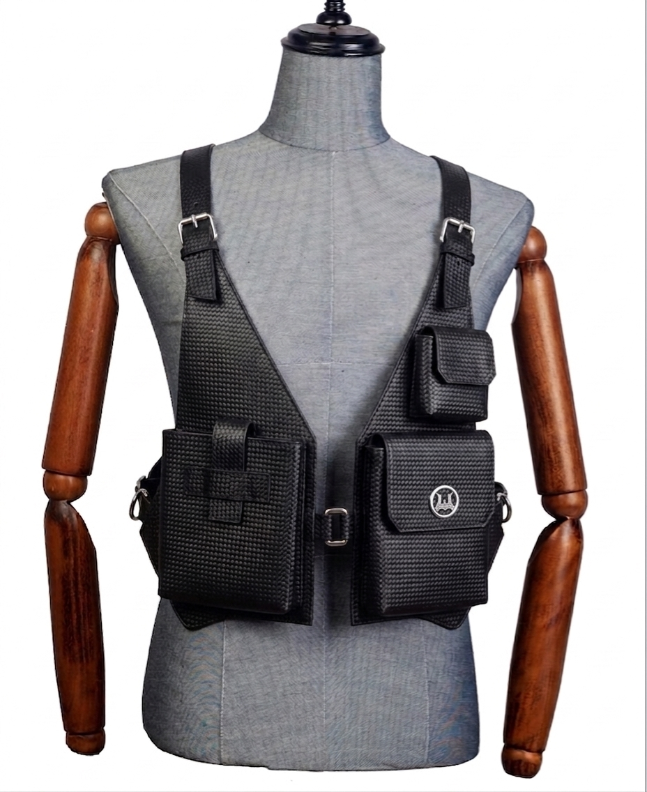 Utility Vest: Black Basket Woven Leather Print