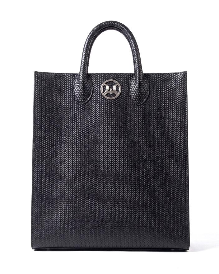 Man Tote:  Black Basket Woven Leather Print