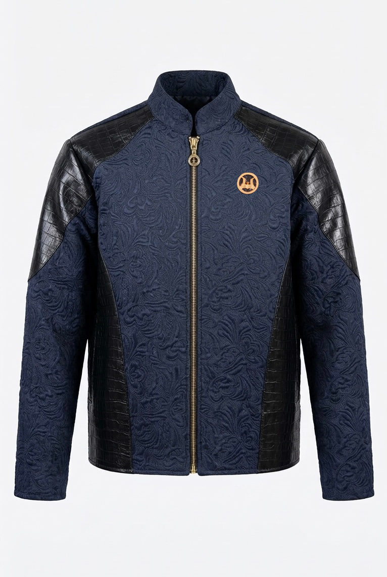 Men’s Patchwork Jacket: Blue Abstract Print and Croc Print Leather