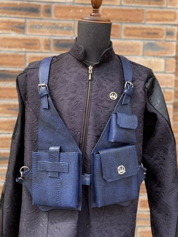 Utility Vest: Blue and Black Details Monitor Lizard Print