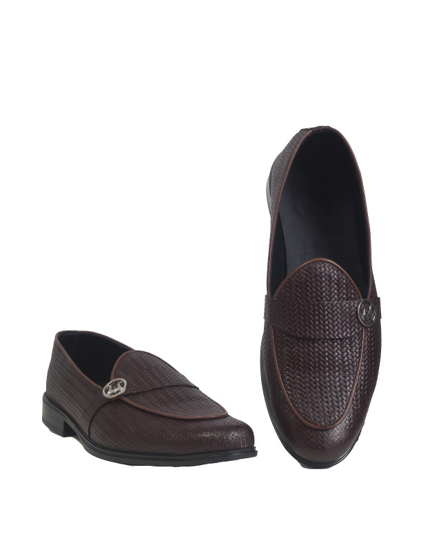 Belgian Loafers: Brown Basket Woven Leather Print with Curved Strap