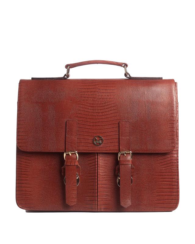 Satchel Work Case with Double Pockets: Auburn Brown Monitor Lizard Print