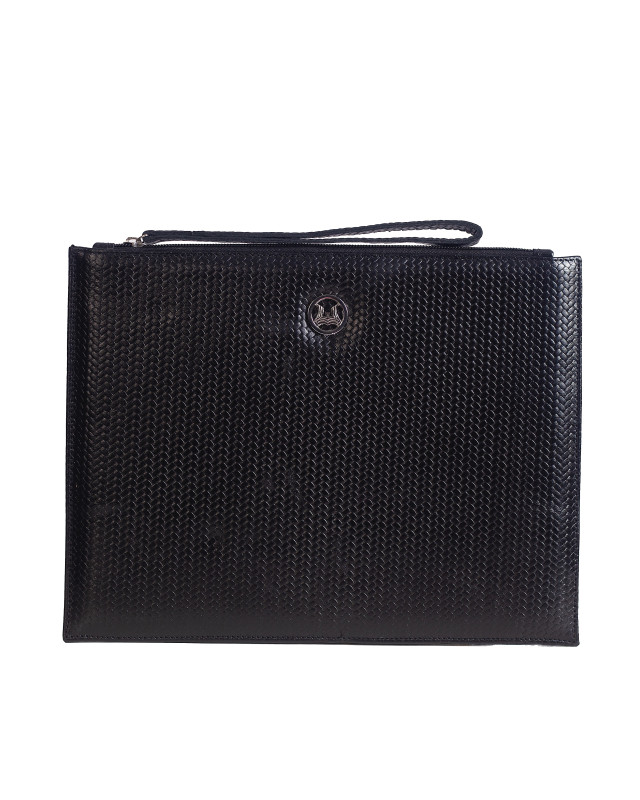 Man Purse MIDI: Black Basket Woven Leather Print