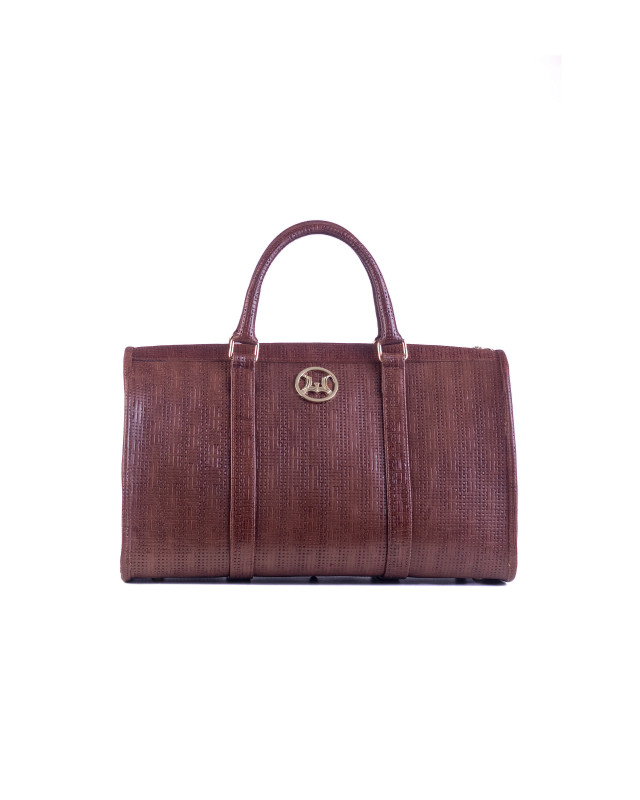 Duffle Bag 2.0 Mini: Brown Basket Woven Leather Print