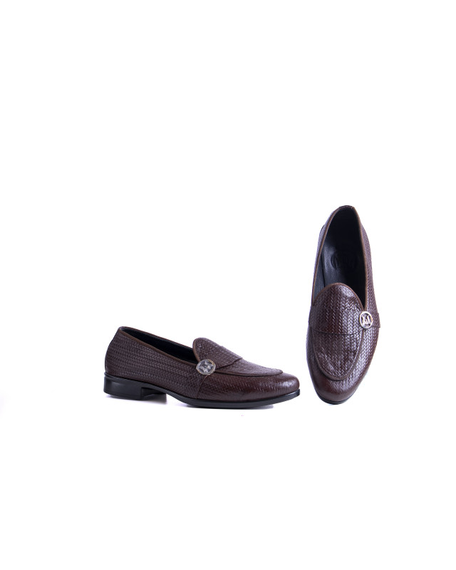 Belgian Loafers: Brown Basket Woven Leather Print with Curved Strap