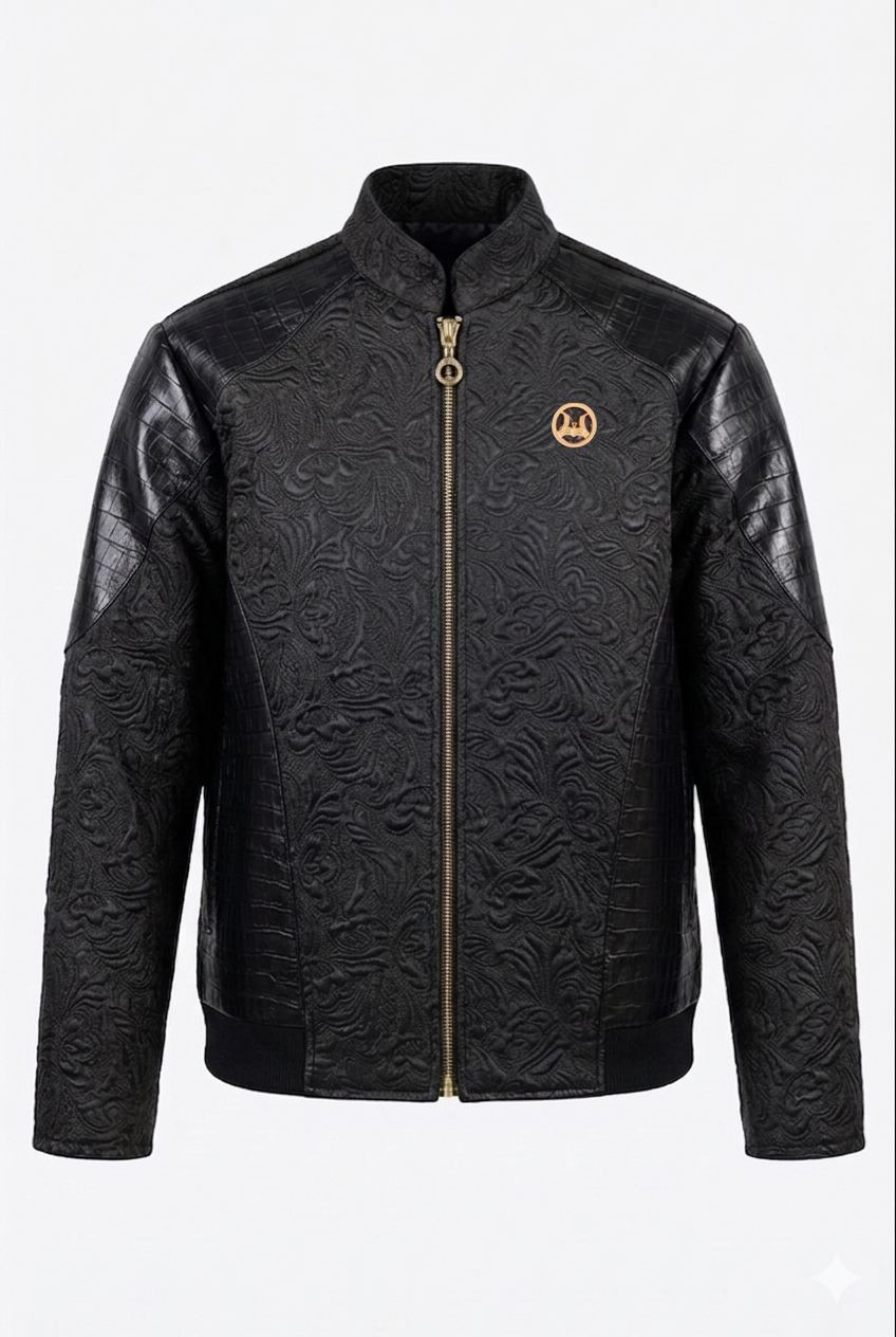 Men’s Patchwork Jacket: Black Abstract Print and Croc Print Leather