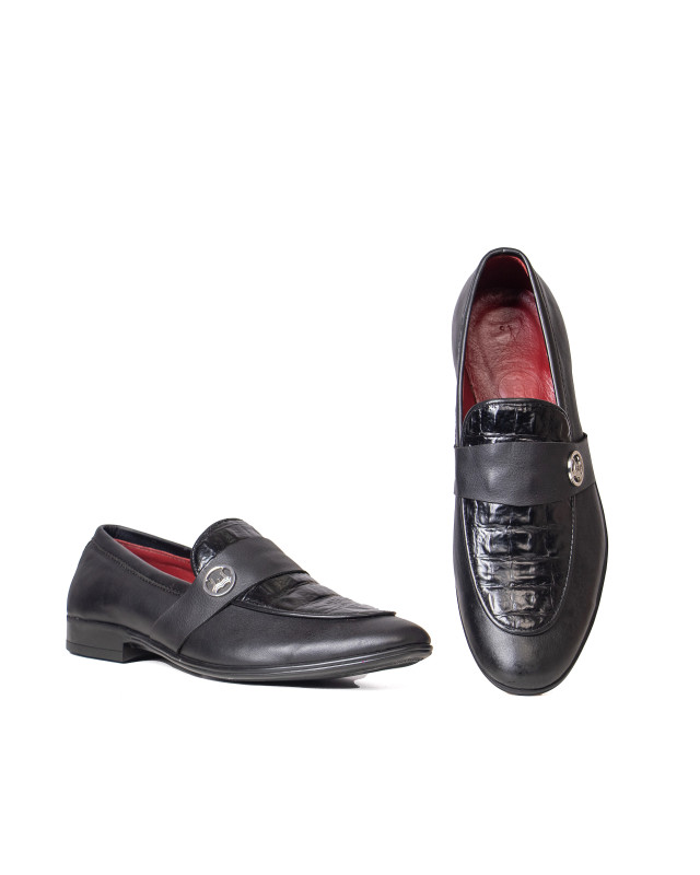 Belgian Loafers: Black and Textured Crocodile Print W Logo Strap