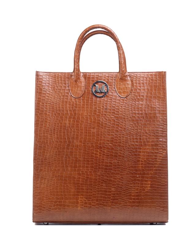 Man Tote: Umber Brown Crocodile Print