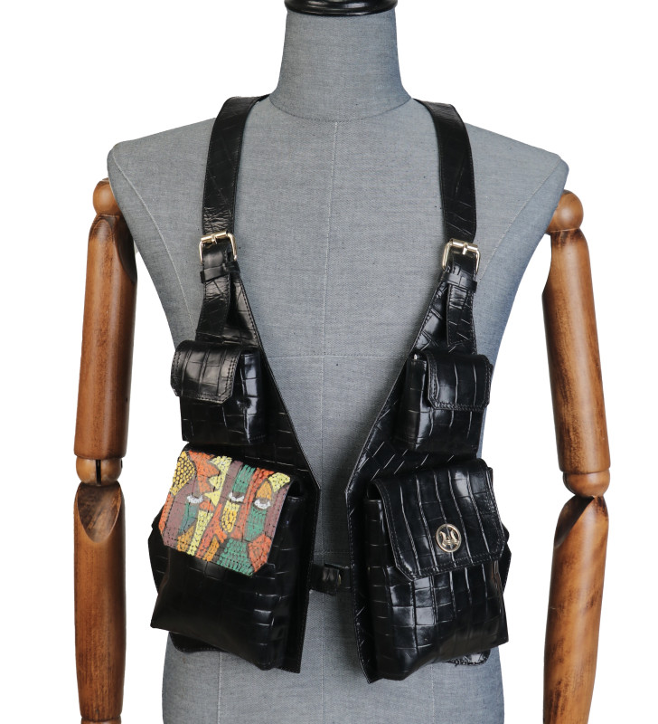 Utility Vest: Black Crocodile Print with Art