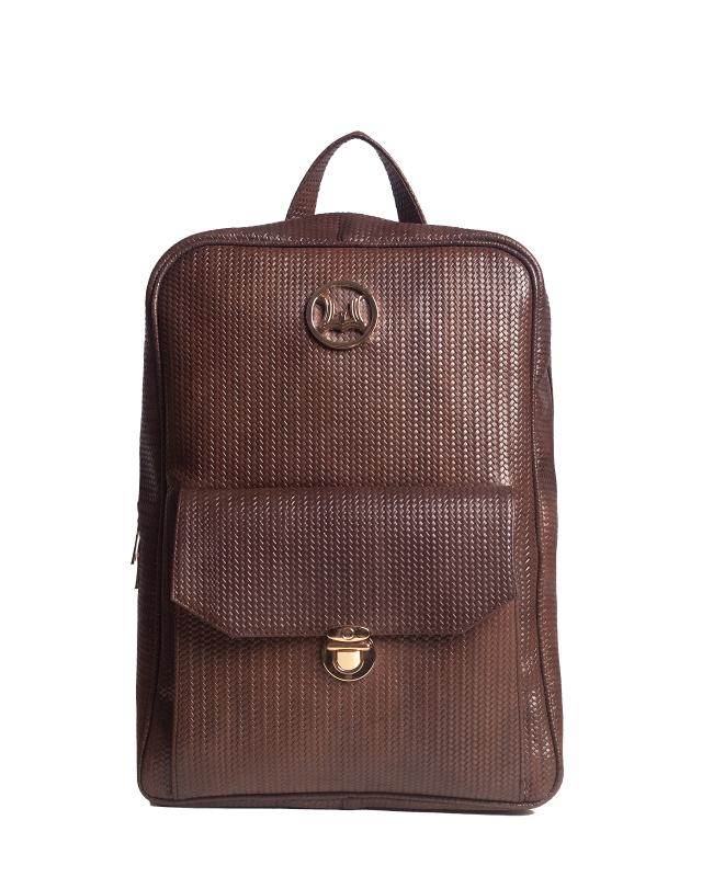 Backpack: Dark Brown Basket Woven Leather Print