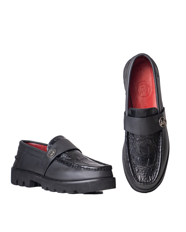 Platform Loafers: Black and Crocodile Print W Logo Strap