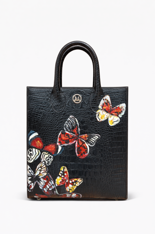 Mini Man Tote: Black Textured Crocodile Print Meets Art