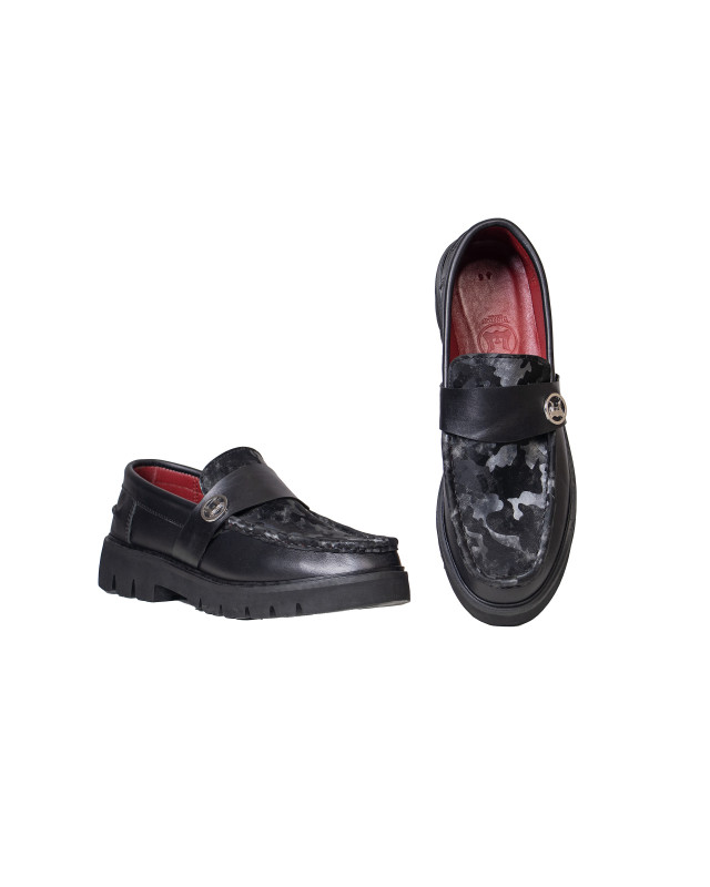 Platform Loafers: Black and Camoflauge W Logo Strap