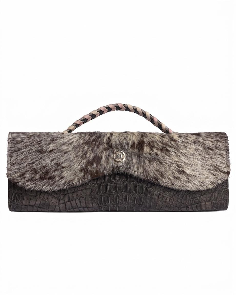 Mykonos Maxi: Silver Black Textured Crocodile Print and Off White Fur