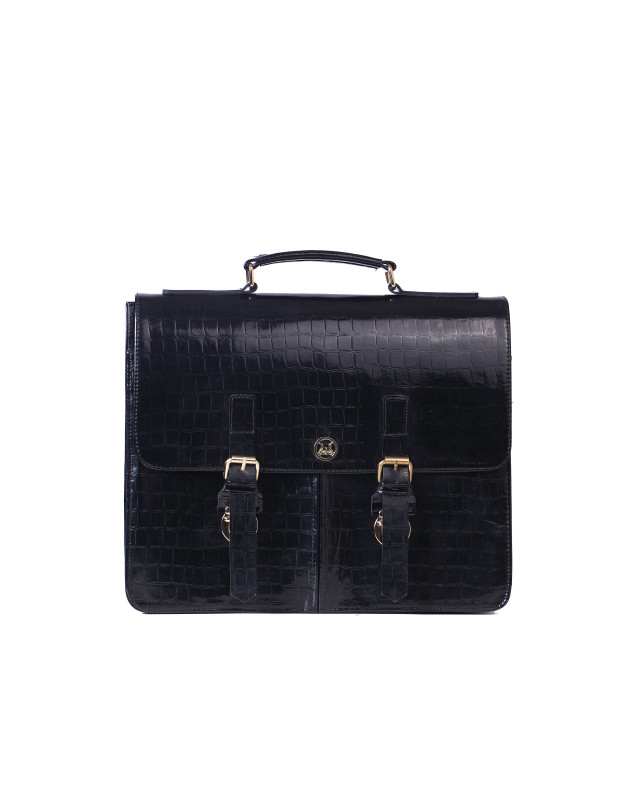 Satchel Work Case with Double Pockets: Black Crocodile Print
