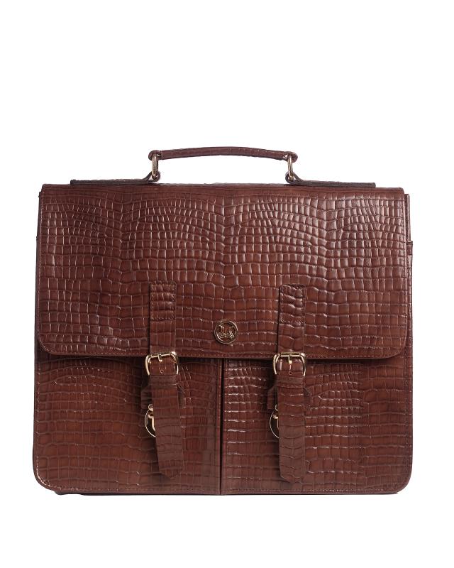 Satchel Work Case with Double Pockets: Mahogany Brown Crocodile Print