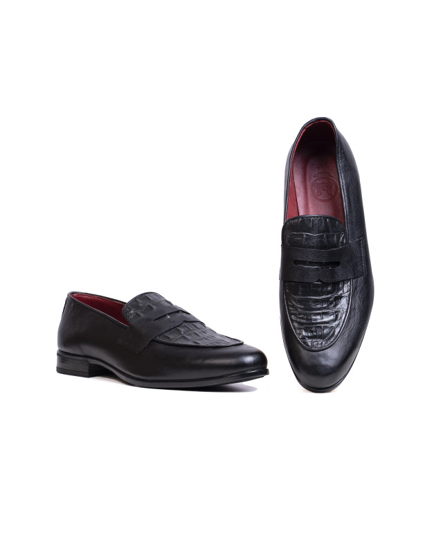 Loafers: Black and Textured Crocodile Print W Logo Strap