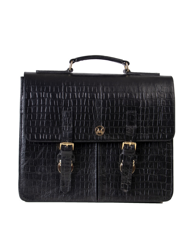 Satchel Work Case with Double Pockets: Black Crocodile Print