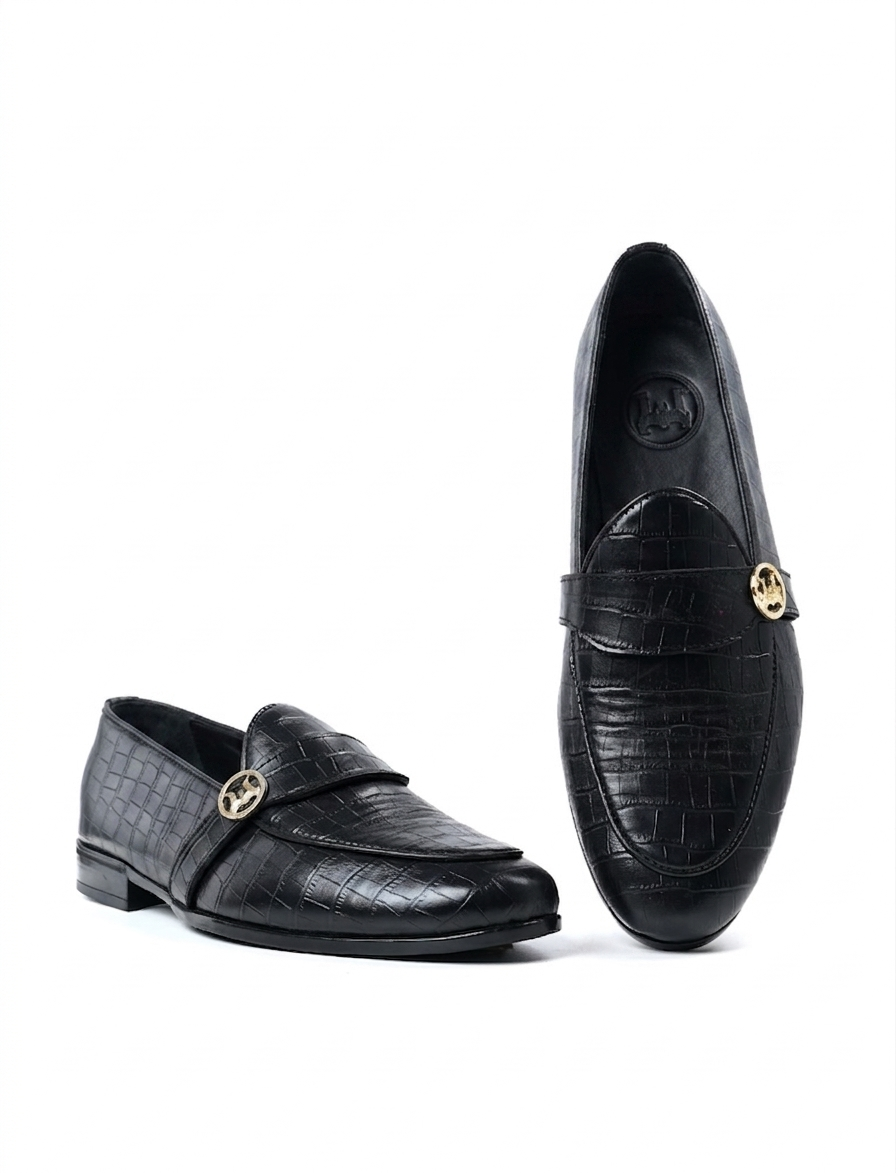 Belgian Loafers: Black Crocodile Print with Curved Strap