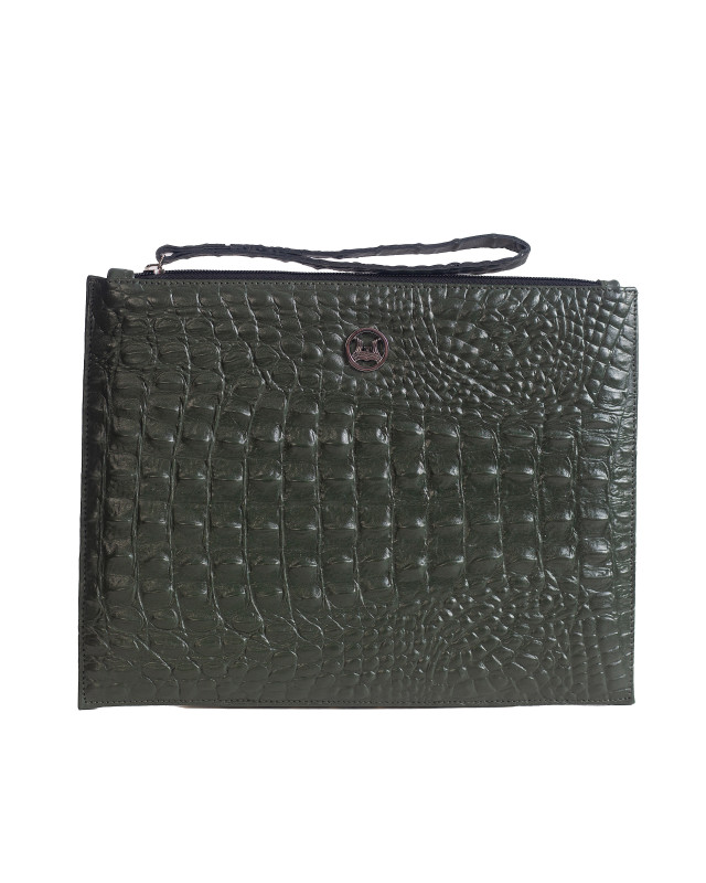 Man Purse MIDI: Olive Green Textured Crocodile Print
