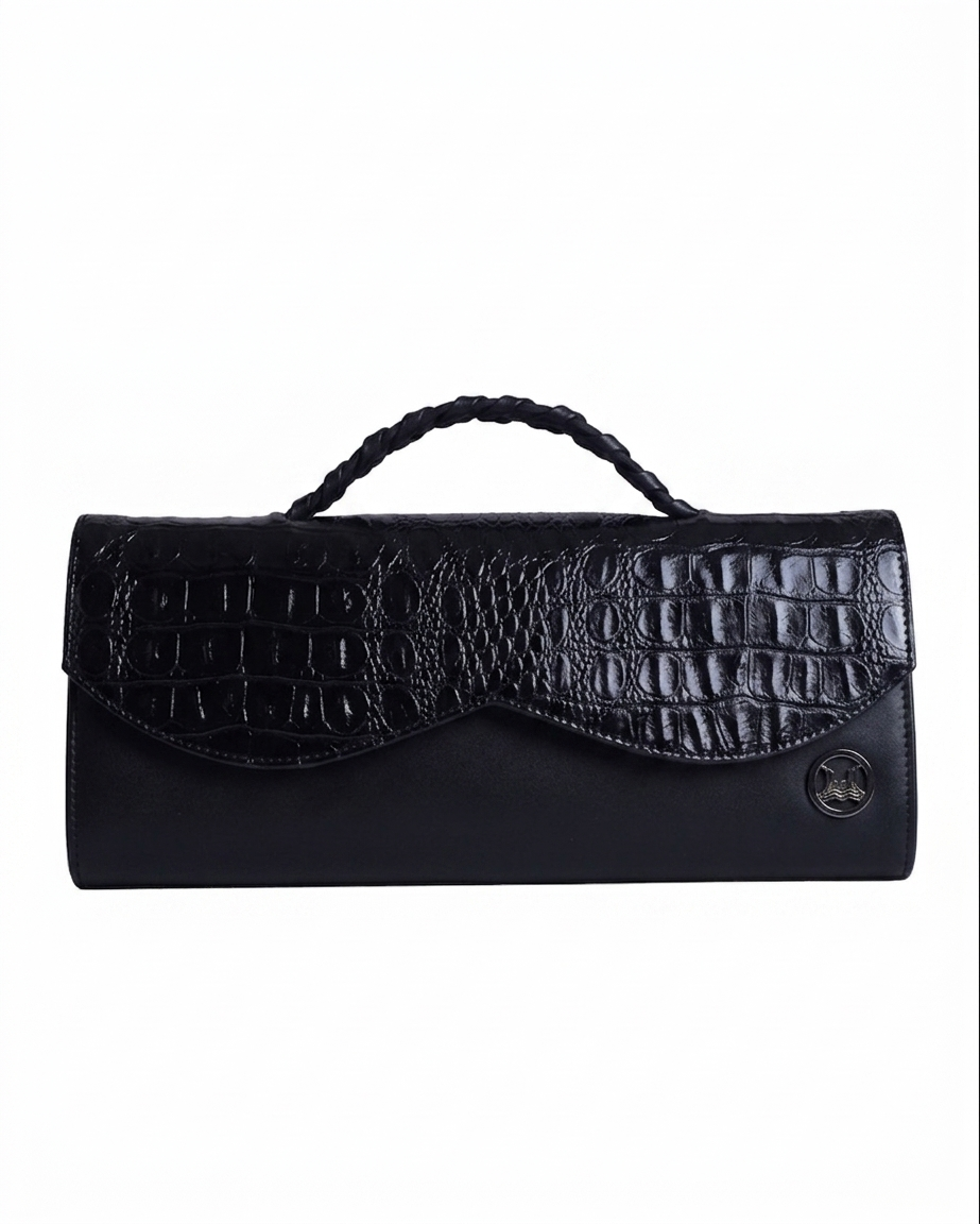 Mykonos: Black and Black Textured Crocodile Print