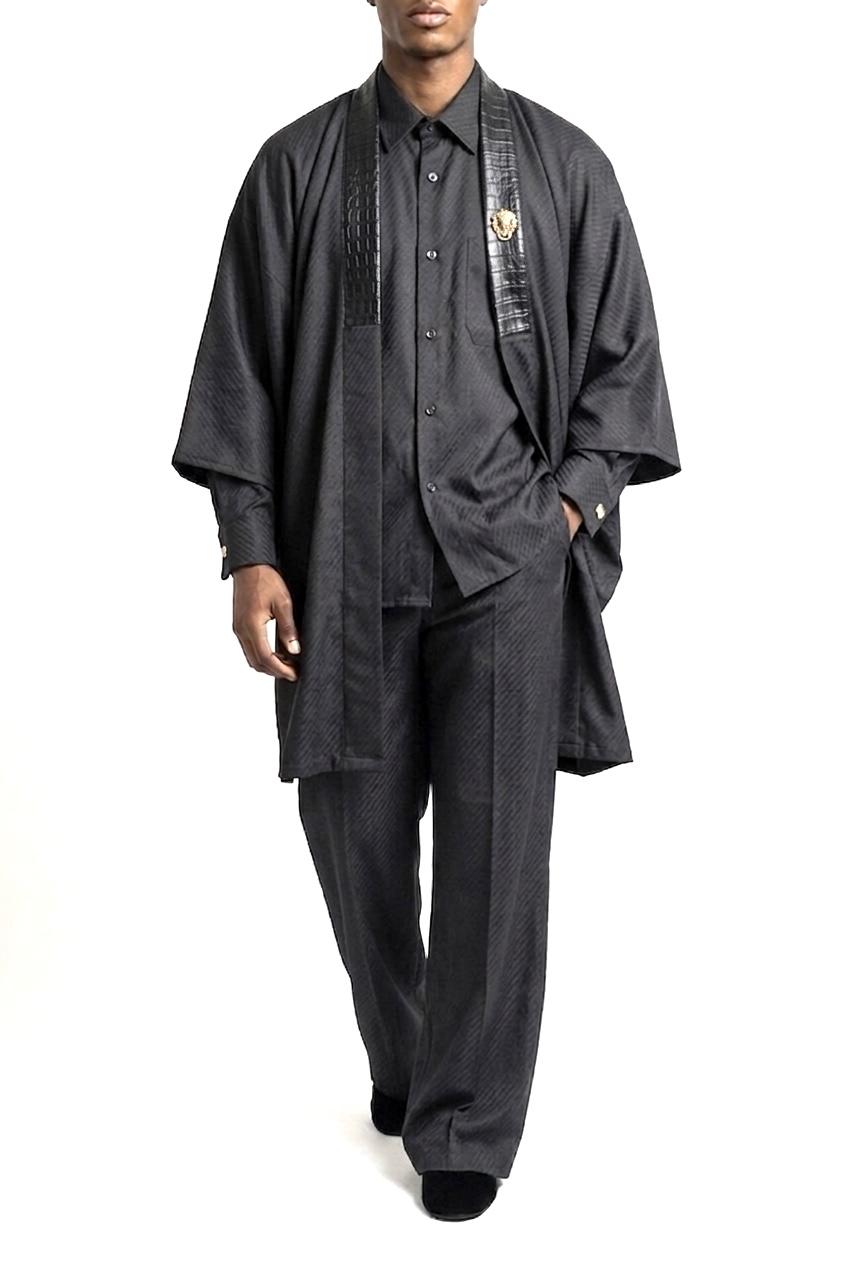 Kimono Set: Black with Crocodile Print Leather Neckline