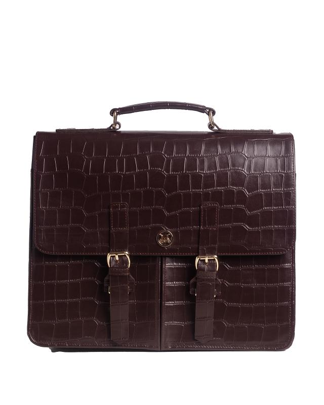 Satchel Work Case with Double Pockets: Chestnut Brown Crocodile Print