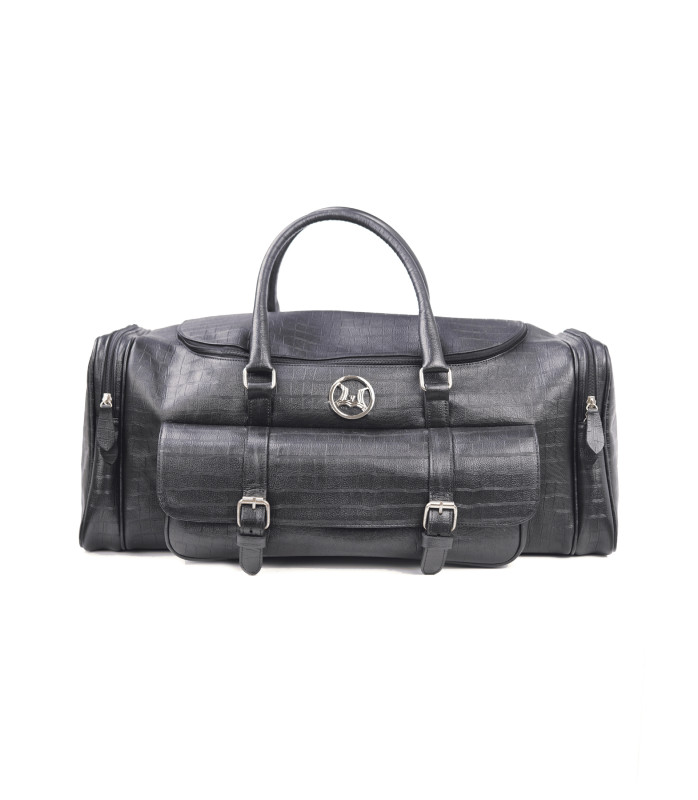 Duffle Bag(UK): Black Buckled Textured Crocodile Print
