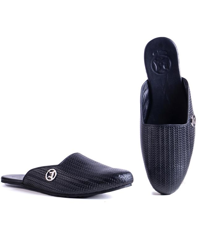 Square Cut Basket Woven Leather Mules: Black